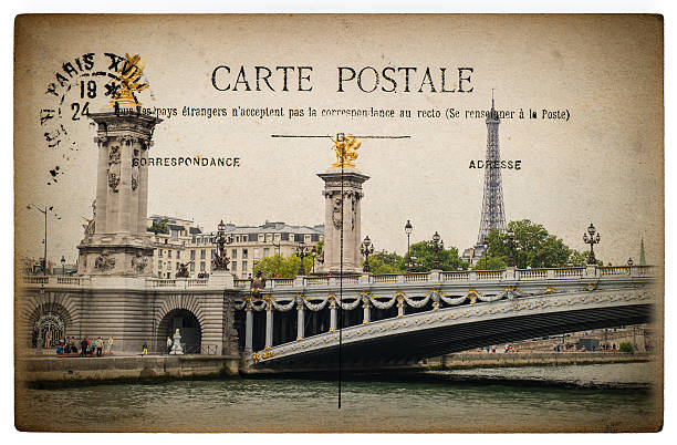 french cartão postal de paris com marco ponte ponte alexandre - postcard french culture france postage stamp - fotografias e filmes do acervo