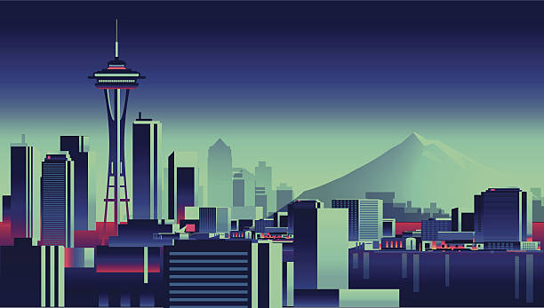 illustrations, cliparts, dessins animés et icônes de panorama de seattle - seattle skyline cityscape space needle