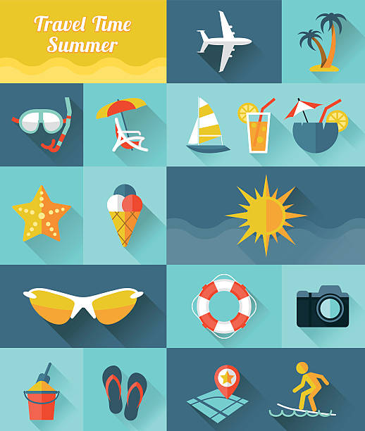 illustrations, cliparts, dessins animés et icônes de icônes d'été - parasol umbrella sun beach