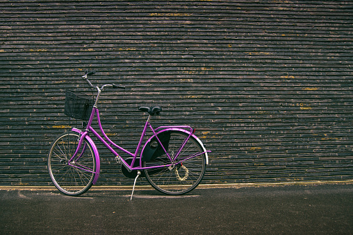 Classic Vintage Purple Hipster Bicycle on the Street Leaning against the Brick Wall, Retro Toned Image