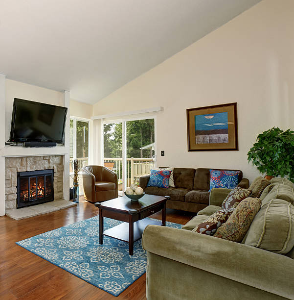 istock Excellent living room with blue rug and fireplace. 483768484