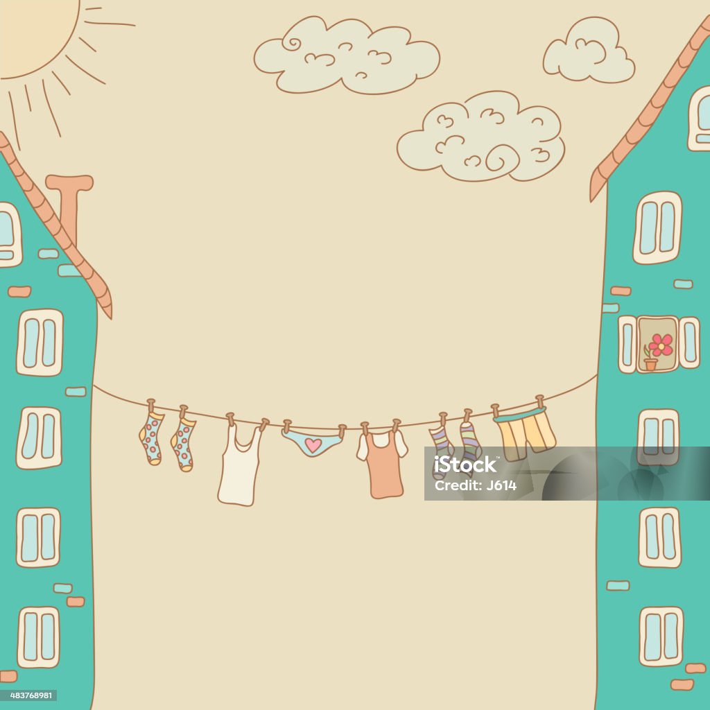 Clothesline doodle Clothes drying between two apartment buildings. EPS10 vector illustration, global colors, easy to modify. Boxer Shorts stock vector