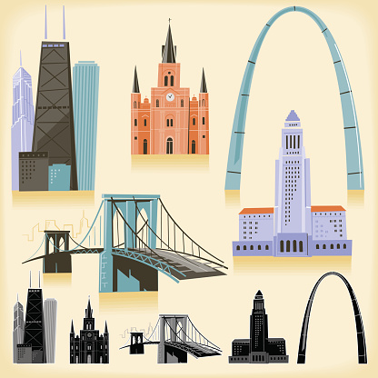 Five iconic building from across the USA on a loose sketchy style. Global colors, no transparencies and  monochromatic versions included. 