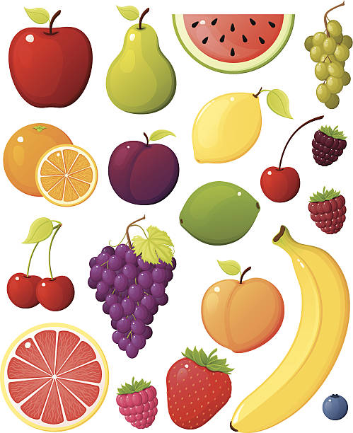illustrazioni stock, clip art, cartoni animati e icone di tendenza di assortimento di frutta - peach fruit portion orange
