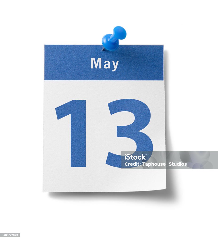 May 13th Calendar A photograph of a calendar page with a blue band and the date - "May 13th" - isolated on white. Adhesive Note Stock Photo