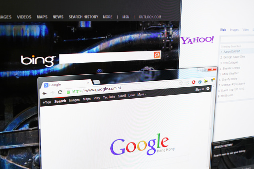 Shanghai, China - May 11, 2013: Three popular search engines on screen. Google, Bing and Yahoo are trusted ISPs that are often used by Internet users to search for information they need. 