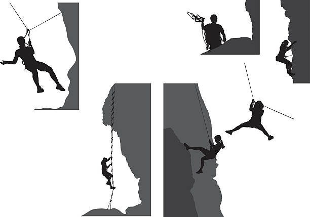 Adventure pack Silhouettes of extreme sports, rappelling, combing, descending on rope, each object on his own layer zip line stock illustrations