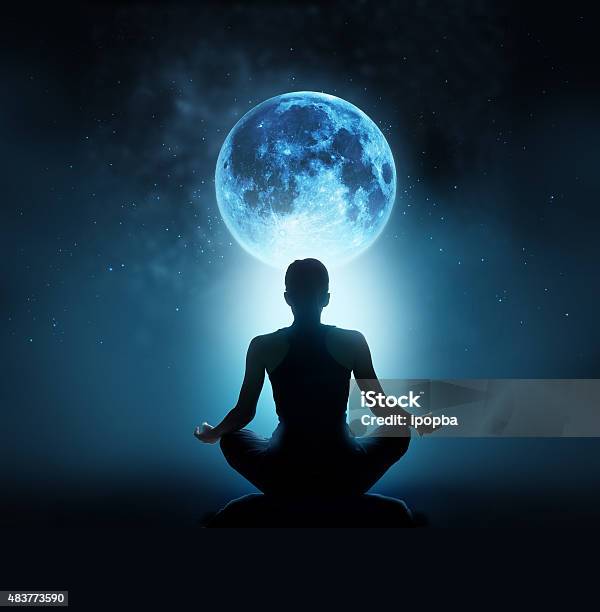 Abstract Woman Are Meditating At Blue Full Moon With Star Stock Photo - Download Image Now