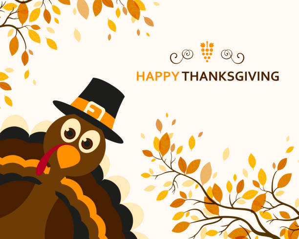 Vector Happy Thanksgiving Design Vector Illustration of a Happy Thanksgiving Celebration Design with Cartoon Turkey and Autumn Leaves funny thanksgiving stock illustrations