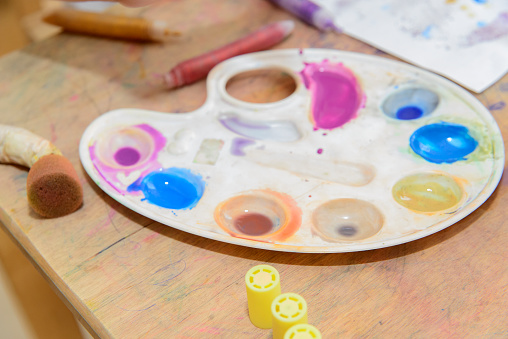 girl drawing paints on paper and hands