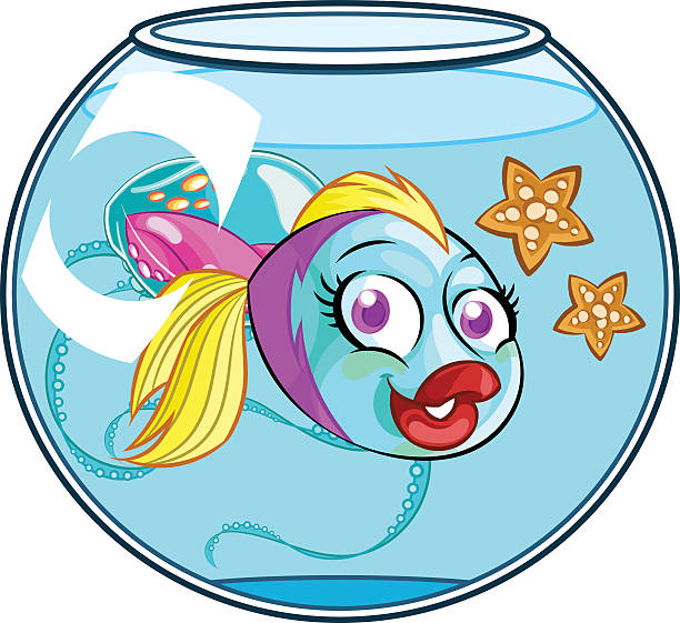 Fish in aquarium Cartoon smiling fish with jellyfish and starfish in a round aquarium. cartoon of fish with lips stock illustrations