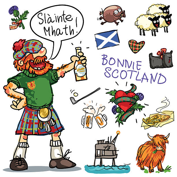 Bonnie Scotland cartoon clipart collection Bonnie Scotland cartoon collection, funny Scottish man with whiskey haggis stock illustrations