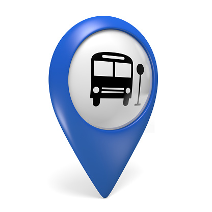 Blue public transport search finder icon with a bus symbol, common in digital maps and GPS devices, rendered in 3D.