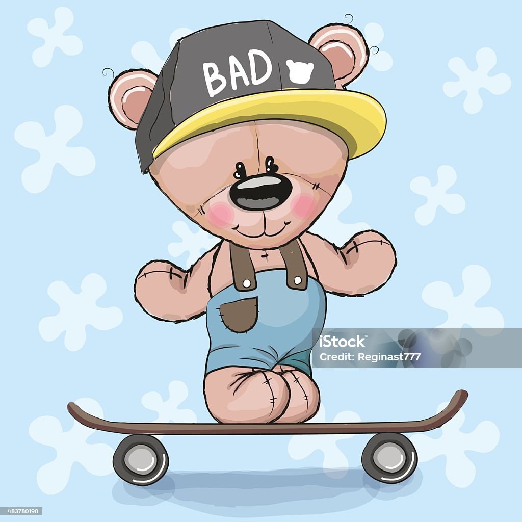 Bear with skateboard Cute Bear with skateboard on a floral background Cool Attitude stock vector