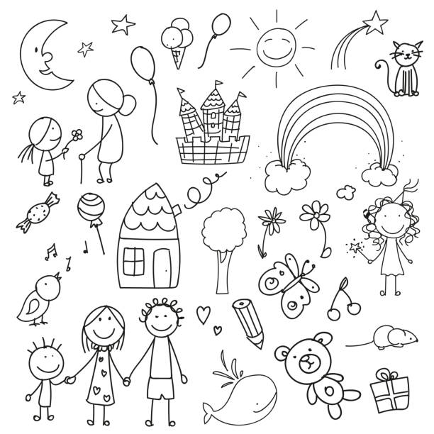 illustrazioni stock, clip art, cartoni animati e icone di tendenza di vettoriale disegni di bambini - pencil colors heart shape paper