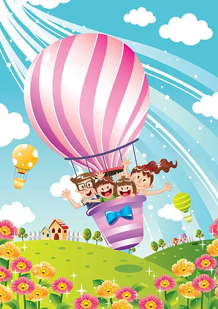 Vector illustration of Happy Family on the Hot Air Balloon