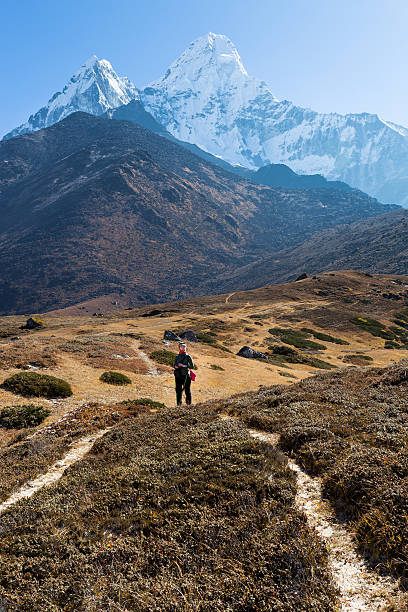 istock Woman backpacker standing trail Ama Dablam mountain. Vertical. 483783940