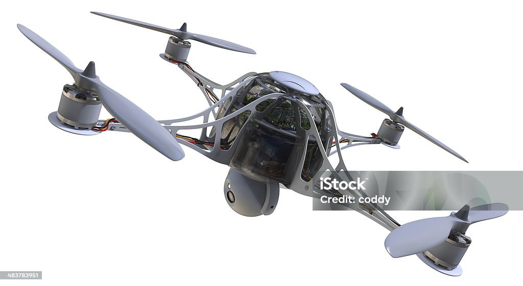 Quadrocopter with camera Quadrocopter with camera isolated on white Drone Stock Photo