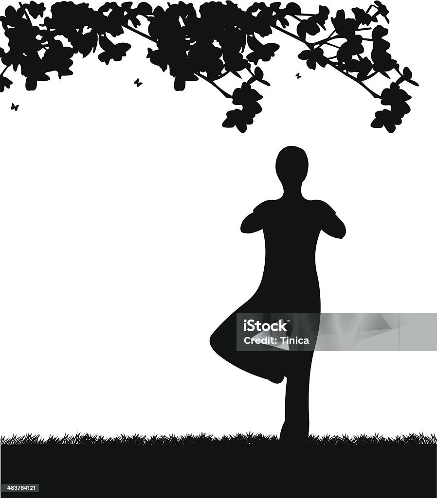 Isolato donna meditare e di fare yoga esercizio - arte vettoriale royalty-free di Adulto