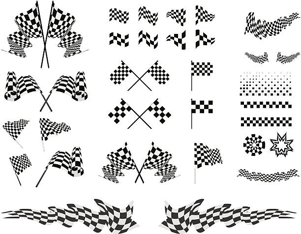 Checkered Flags set illustration Checkered Flags and ribbons set vector illustration on white background. finish line stock illustrations