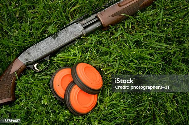 Suite Shotgun Y Clay Pigeons Sentar En Hierba Foto de stock y más banco de imágenes de Tiro skeet - Tiro skeet, Escopeta, Deporte