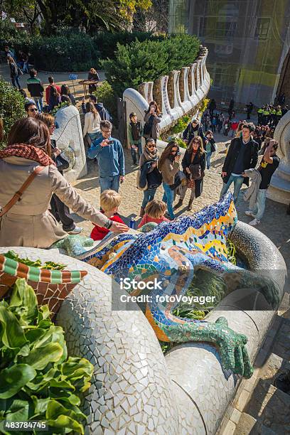 Barcelona Tourists Posing For Photos In Gaudis Parc Guell Spain Stock Photo - Download Image Now