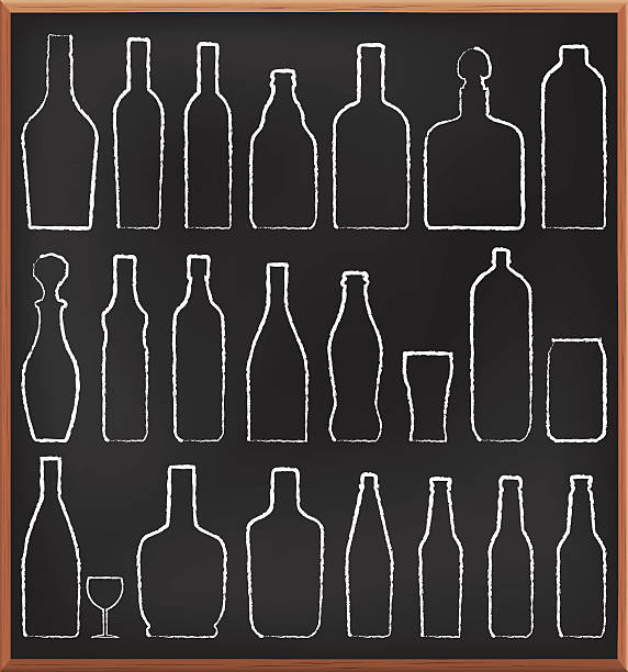 ilustraciones, imágenes clip art, dibujos animados e iconos de stock de botella de iconos diferentes en pizarra - silhouette vodka bottle glass