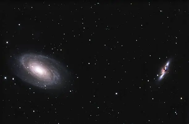 This is a image of a group of galaxies consisting of M81 (on ,also named Bode's galaxy) and M82 (right, also named Cigar galaxy) in the constellation Ursa Major.The image is taken in the in prime focus of professional mirror telescope (newtonian) the Exposure time is 120 minutes.