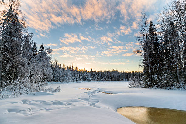 istock Frozen river and sunset in Lapland 483785213