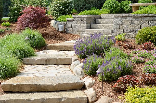 Professional Landscaping A professional landscaping job with stone path and stone steps. ornamental garden stock pictures, royalty-free photos & images