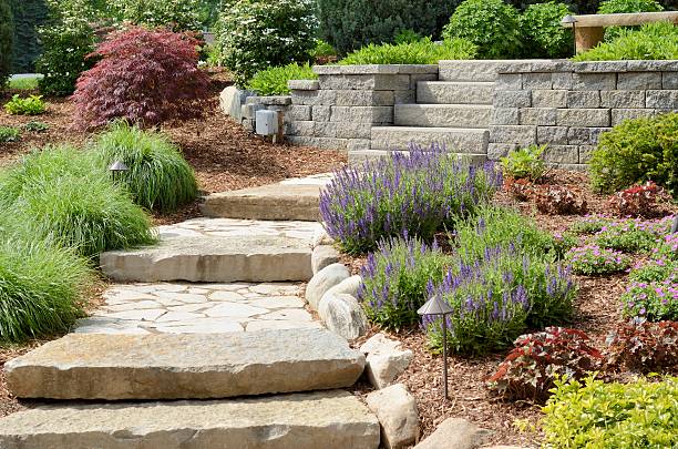 Professional Landscaping A professional landscaping job with stone path and stone steps. garden path stock pictures, royalty-free photos & images