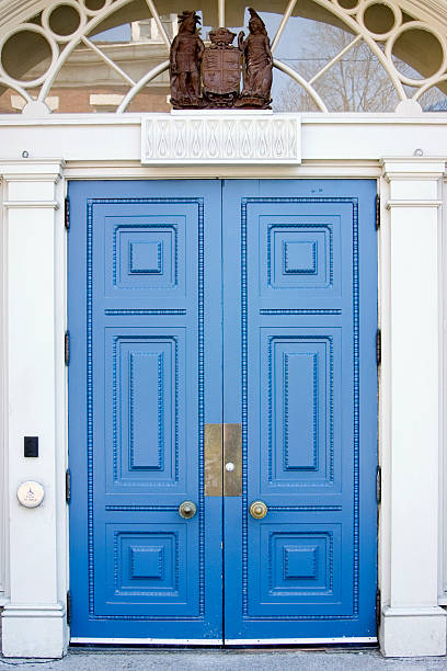 Building entrance with blue doors Building entrance with decorated wooden blue doors. blue front door stock pictures, royalty-free photos & images