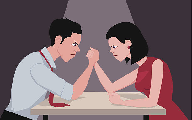 Competition Man and woman arm wrestling, vector cartoon, no transparency arm wrestling stock illustrations