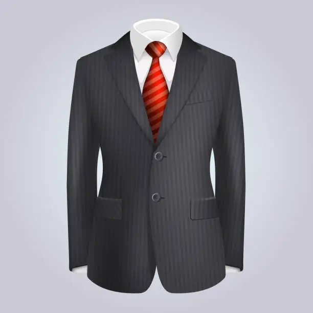 Vector illustration of Male Clothing Dark Striped Suit with Red Tie. Vector