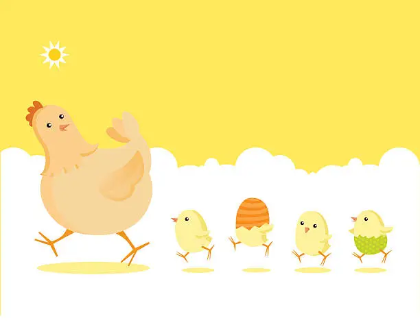 Vector illustration of Easter Partridge Family: Mother Hen and Newborn Baby Chicks