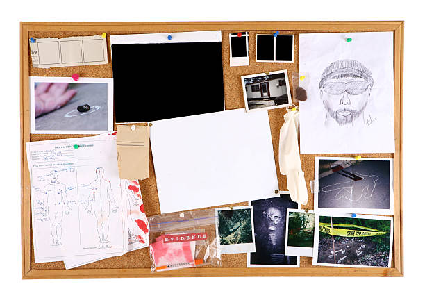 Tracking a Serial Killer Corkboard full of evidence.  Includes, hair sample, evidence bag, police sketch, news paper clippings, body chalk outline and autopsy report.  You fill in the empty picture frames and other information. suspicion photos stock pictures, royalty-free photos & images