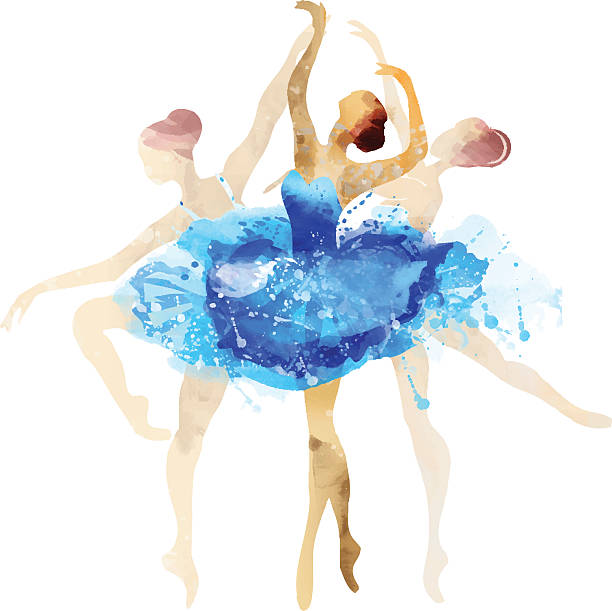 ilustraciones, imágenes clip art, dibujos animados e iconos de stock de ballerina en azul vector de acuarela - baile ballet