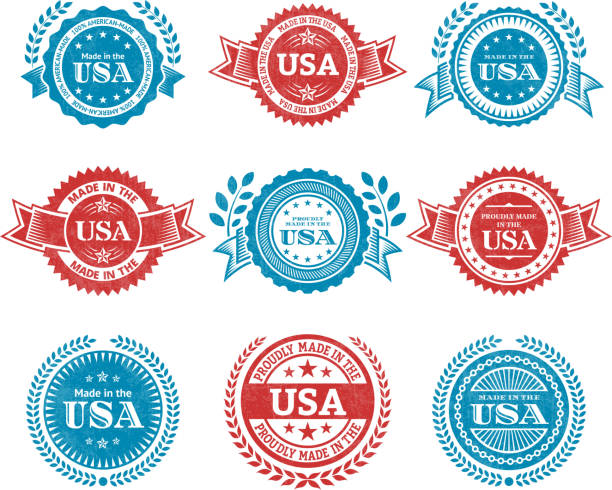 illustrazioni stock, clip art, cartoni animati e icone di tendenza di made in the usa patriottica grunge vettoriale icona set badge - usa made in the usa industry striped