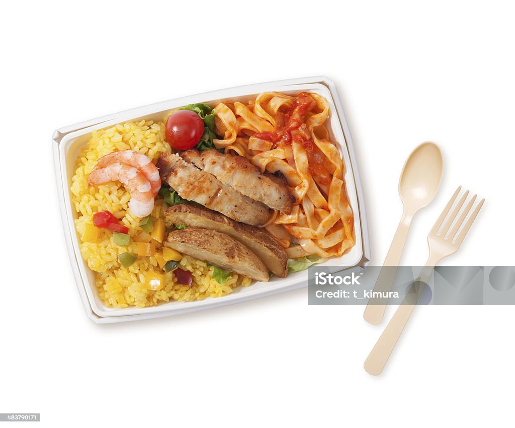 Box Lunch Box Lunch with Plastic Spoon and fork. Airline Food Stock Photo