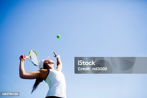 istock Beautiful female tennis player serving 483794130
