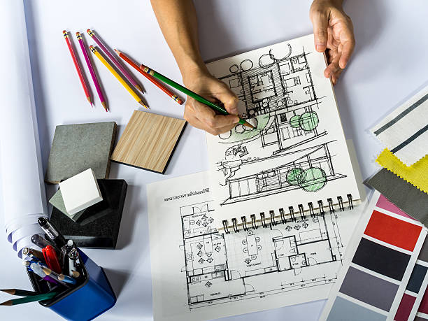 istock Architect working with shop drawing, material sample/ home improvement concept 483794522