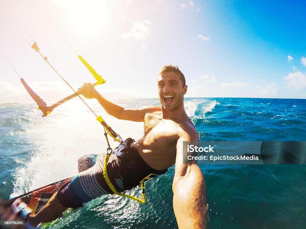 Kiteboarding, Extereme Sport Kiteboarding. Fun in the ocean, Extreme Sport Kitesurfing. POV Angle with Action Camera Kiteboarding Stock Photo