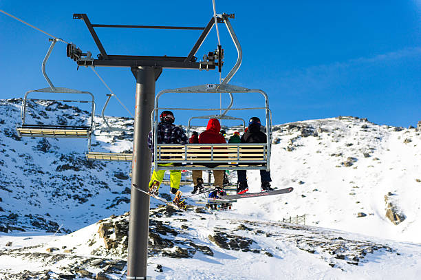 Skiers on Chairlift Shadows on Snow - Looking down from chairlift with three skiers casting crisp shadows below.