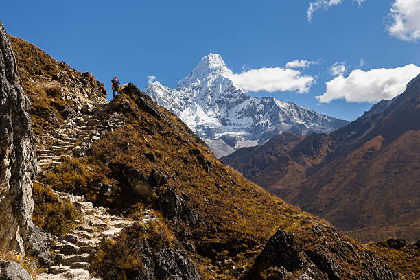 istock Woman backpacker standing in front Ama Dablam mountain peaks. 483797514