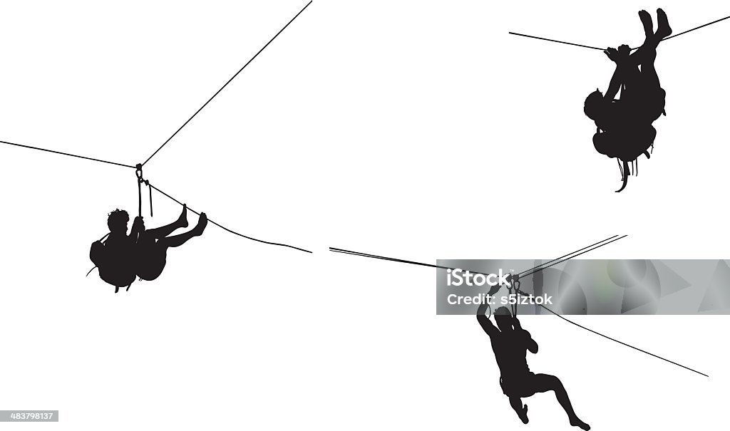 adventure pack Silhouette of mane using zip-line in different poses, every object is in his own layer Clambering stock vector