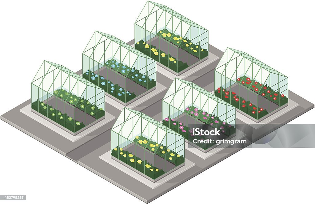 Greenhouse con plantas y flores - arte vectorial de Proyección isométrica libre de derechos