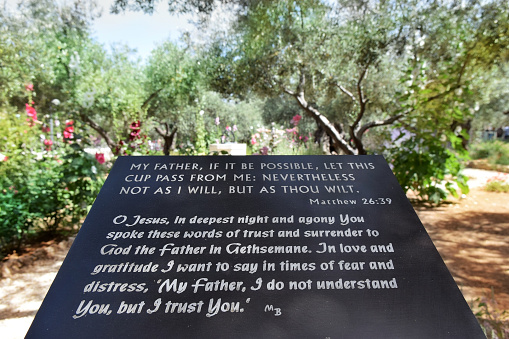 marble slab with the words of the prayer of Jesus Christ before his arrest, Gospel of Matthew, Gethsemane, East Jerusalem