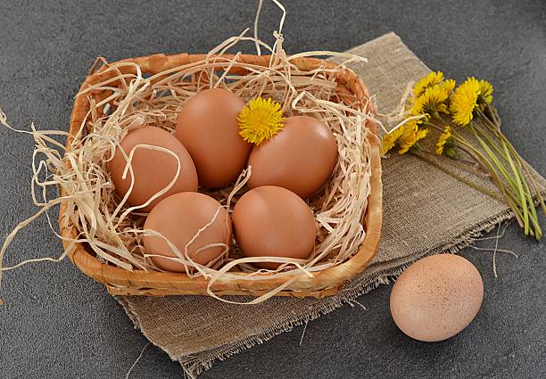 istock Fresh eggs and in a basket and yellow flowers 483800229