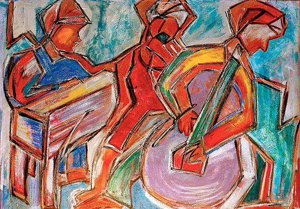 Jazz Musicians, Original Painting, Acrylic on Canvas This is an original painting by Cynthia Lou Freytag of jazz musicians. It is 29"x38". Highly saturated colors and metallic paints were used. Predominate colors are red, blue, yellow, and cyan. Photographed on medium format film and scanned at high resolution. abstract musical instrument stock illustrations