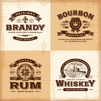 A set of fully editable vintage alcohol labels in woodcut style. EPS10 vector illustration. Includes high resolution JPG.